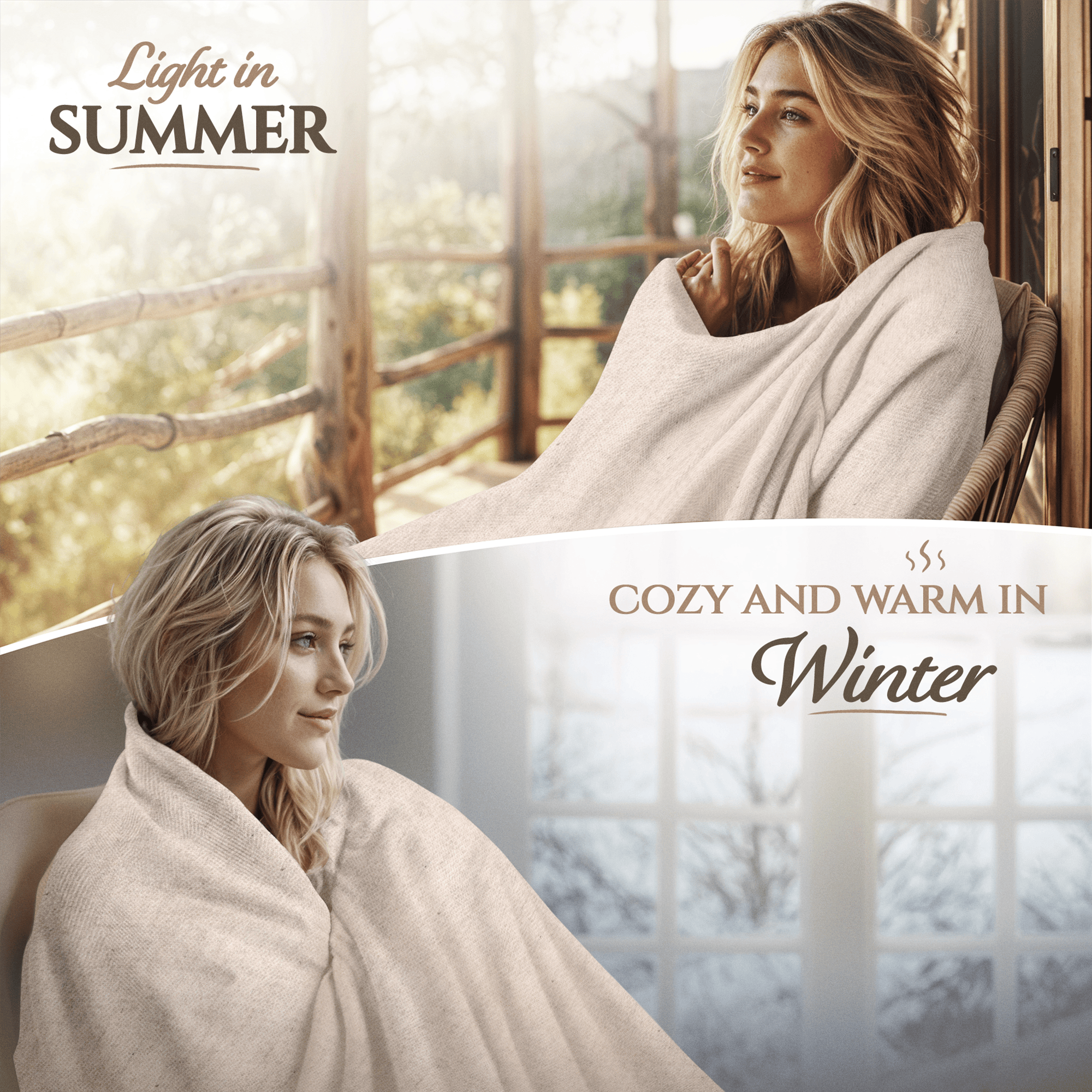 Zwei Frauen sitzen jeweils in Decken gehüllt: Oben auf einer sonnigen Veranda im Sommer, unten vor einem Fenster im Winter.