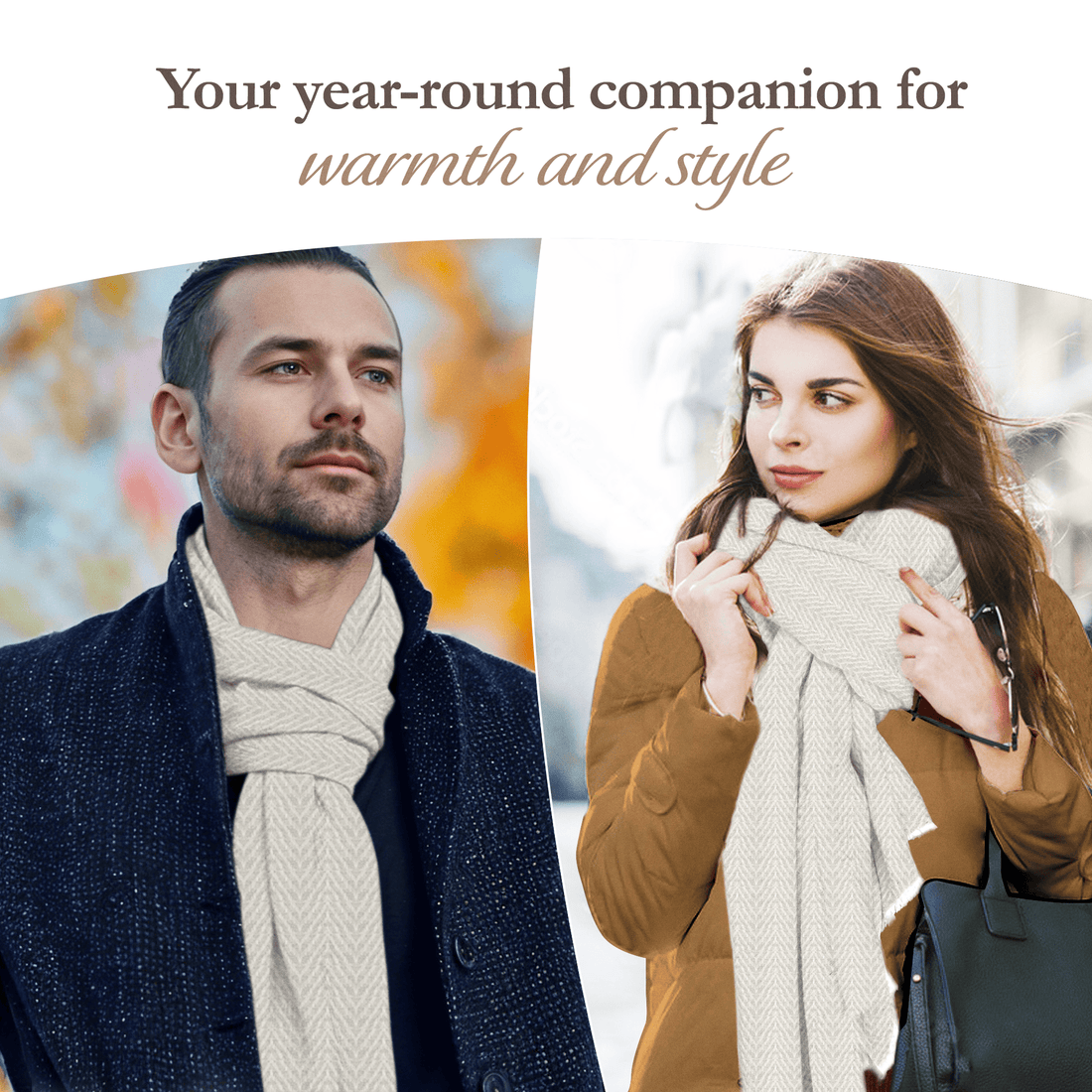 Kaschmirschal weiss mit mittelgroßem Fischgrätenmuster