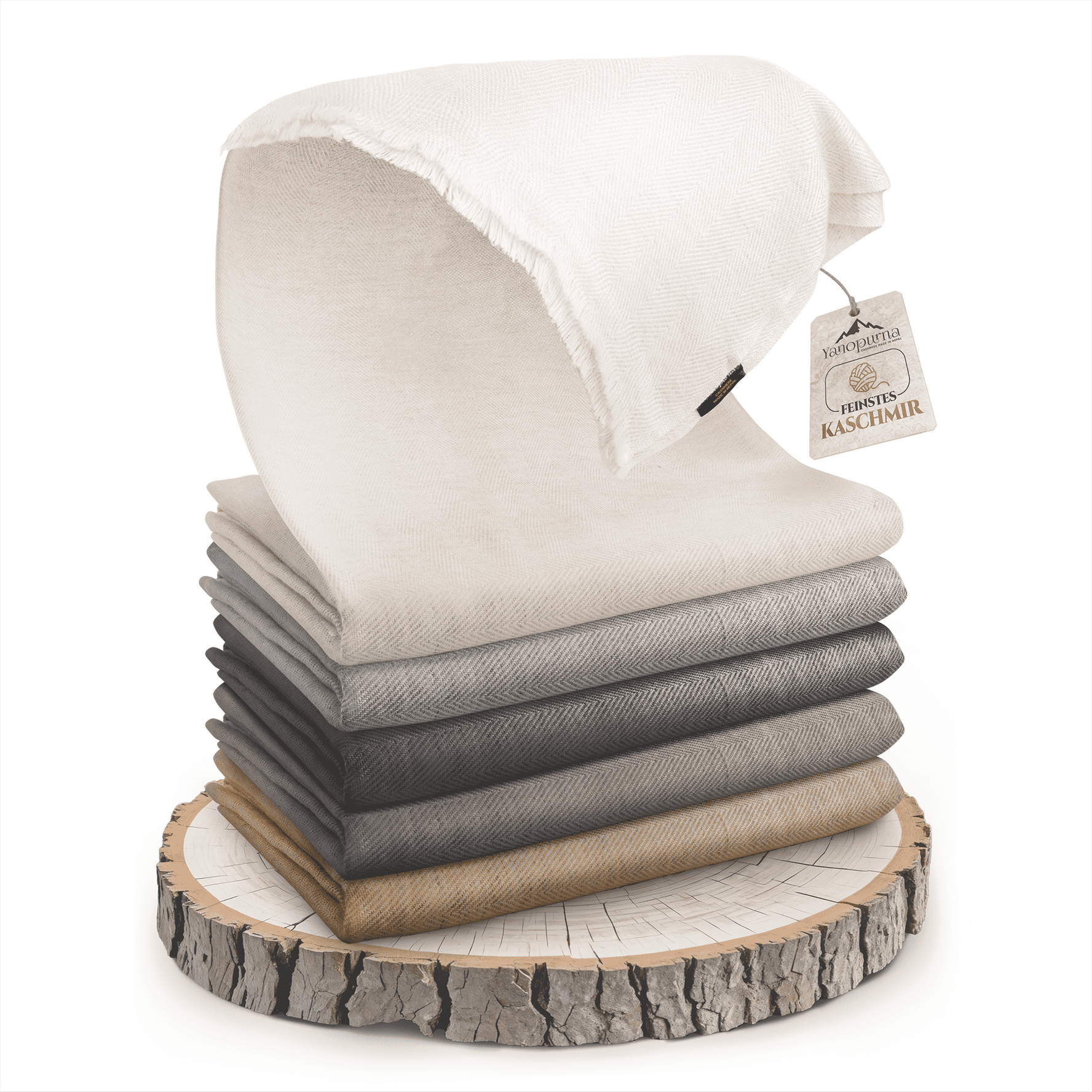 Kaschmirdecke beige mit feinem Fischgrätenmuster
