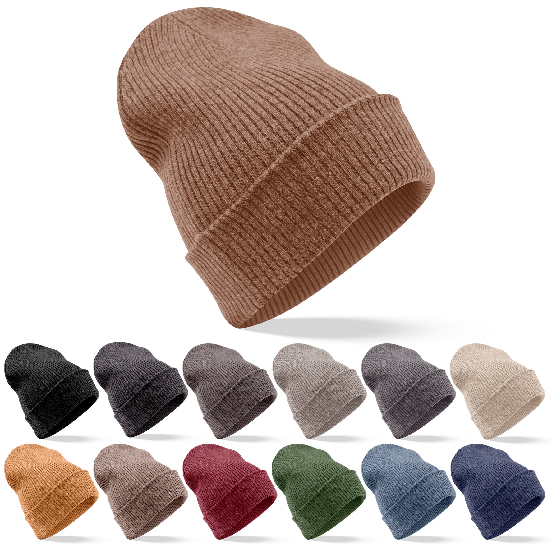 Kaschmirmütze Beanie gerippt mit Umschlag Braun