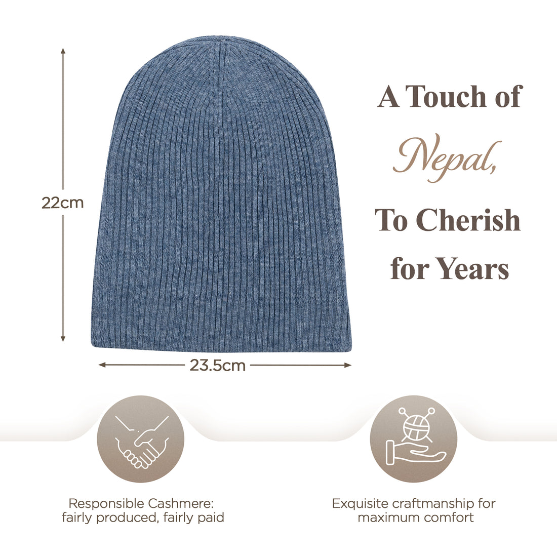 Kaschmirmütze Beanie gerippt mit Umschlag Blau