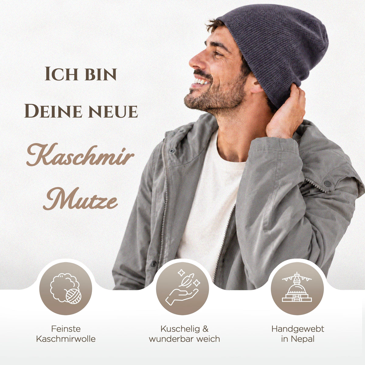 Kaschmirmütze aus 100% Kaschmir – Schwarzgrau, leicht gerippt