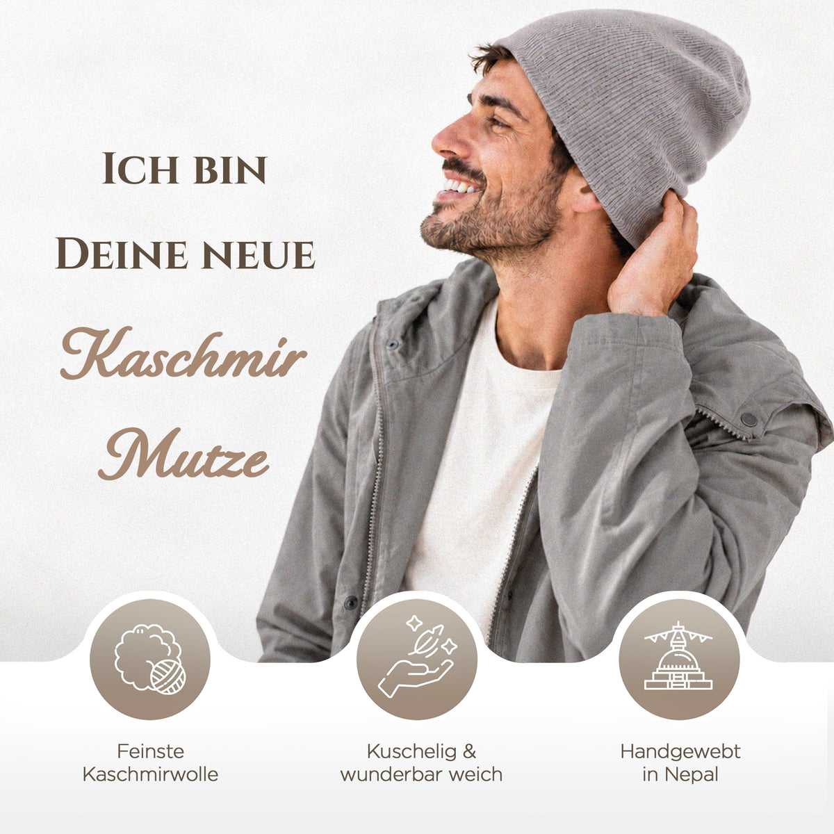 Kaschmirmütze aus 100% Kaschmir – Grau, leicht gerippt