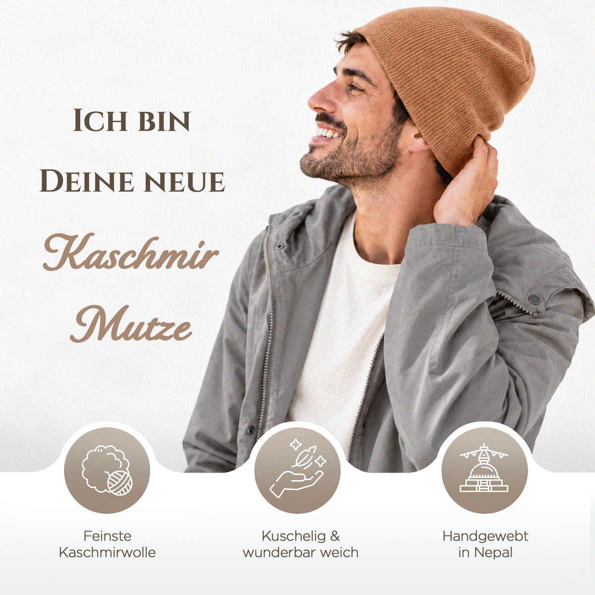 Kaschmirmütze aus 100% Kaschmir – Hellbraun, leicht gerippt