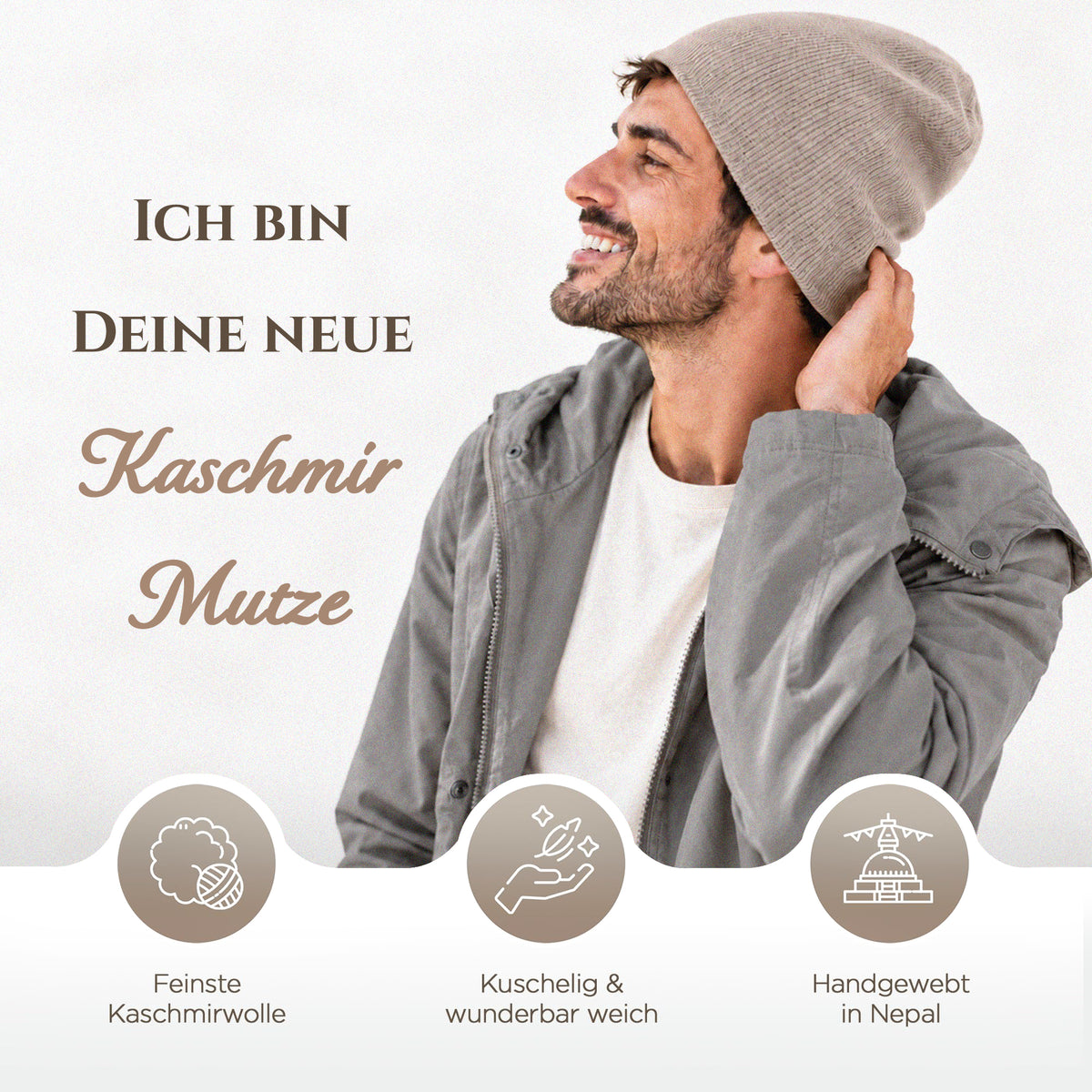 Kaschmirmütze aus 100% Kaschmir – Weissgrau, leicht gerippt