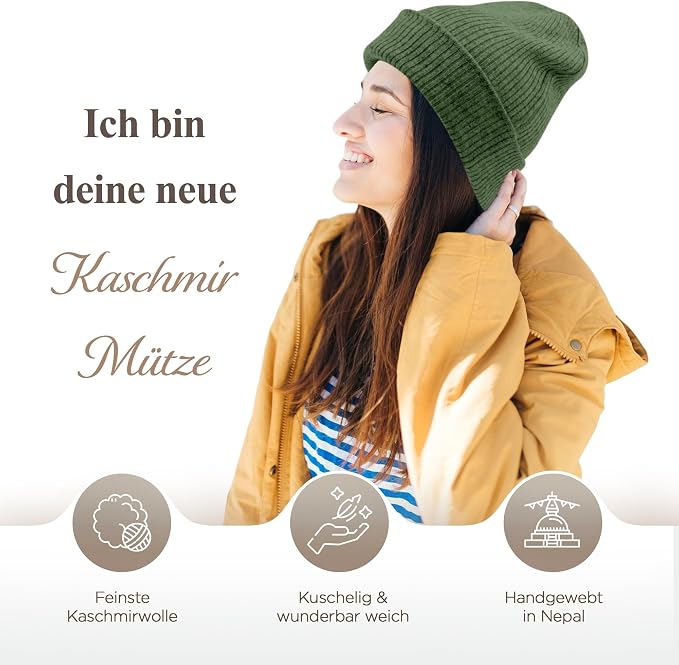 Kaschmirmütze aus 100% Kaschmir – Dunkelgrün, gerippt mit Umschlag