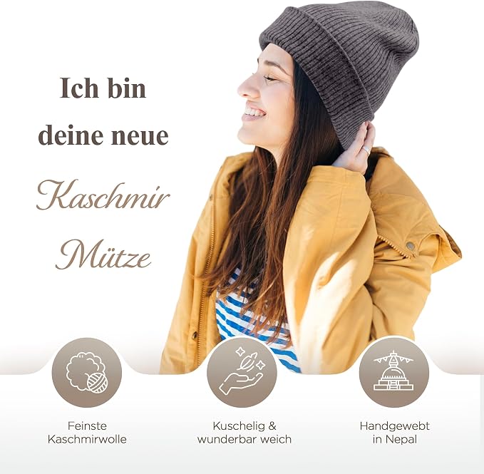 Kaschmirmütze aus 100% Kaschmir – Dunkelgrau, gerippt mit Umschlag