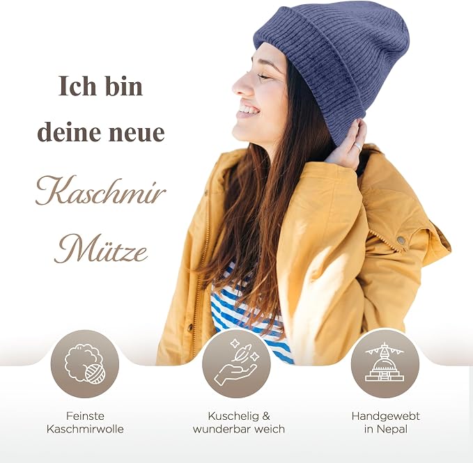 Kaschmirmütze aus 100% Kaschmir – Dunkelblau, gerippt mit Umschlag