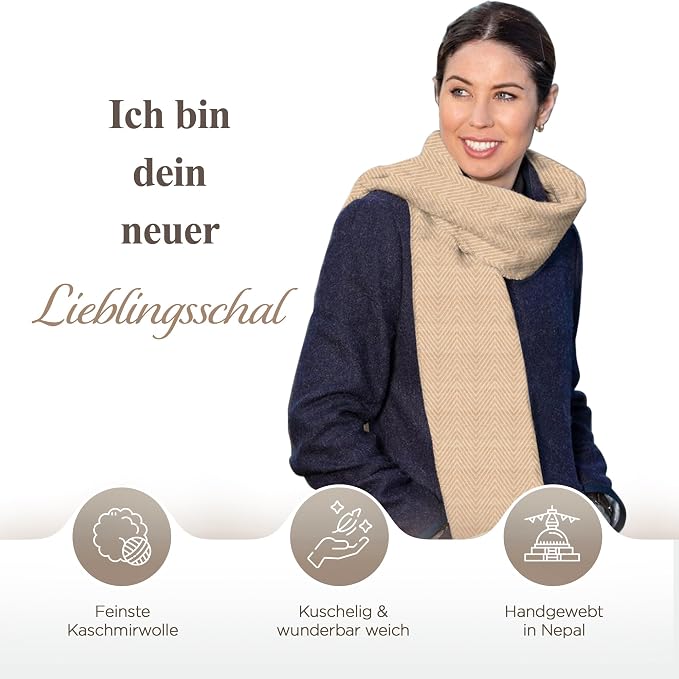 Kaschmirschal aus 100% Kaschmir – Goldbeige, mittelgroßem Fischgrätenmuster