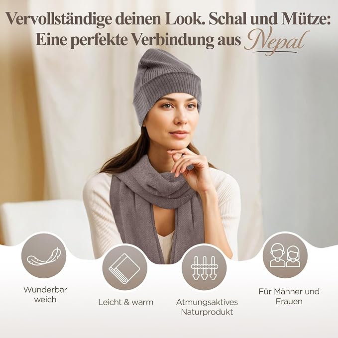 Kaschmirmütze aus 100% Kaschmir – Grau, gerippt mit Umschlag