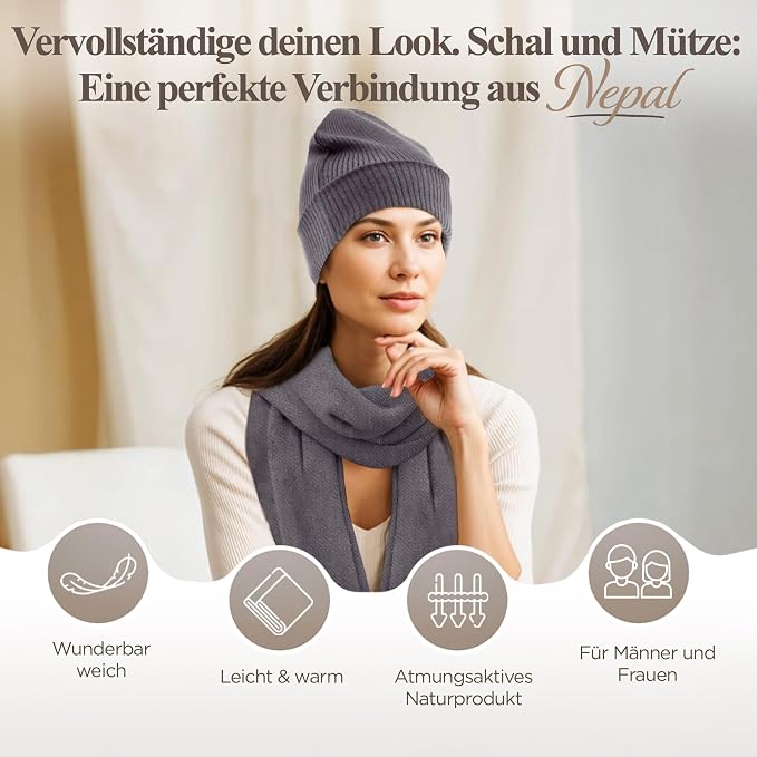 Kaschmirmütze aus 100% Kaschmir – Dunkelgrau, gerippt mit Umschlag