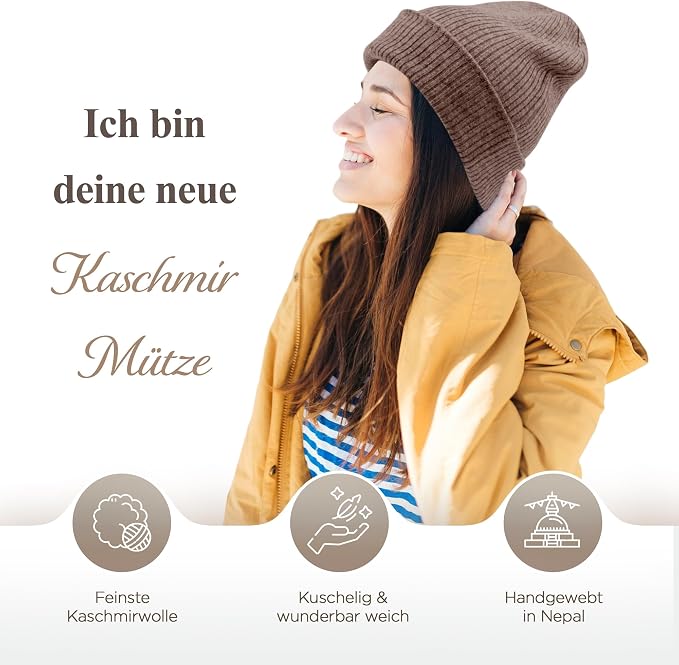 Kaschmirmütze aus 100% Kaschmir – Dunkelbraun, gerippt mit Umschlag