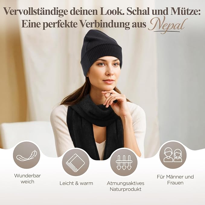 Kaschmirmütze aus 100% Kaschmir – Schwarz, gerippt mit Umschlag