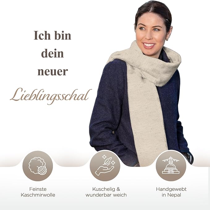 Kaschmirschal aus 100% Kaschmir – Weiss, mittelgroßem Fischgrätenmuster