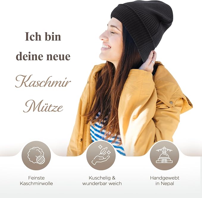 Kaschmirmütze aus 100% Kaschmir – Schwarz, gerippt mit Umschlag