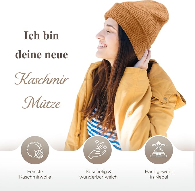 Kaschmirmütze aus 100% Kaschmir – Hellbraun, gerippt mit Umschlag