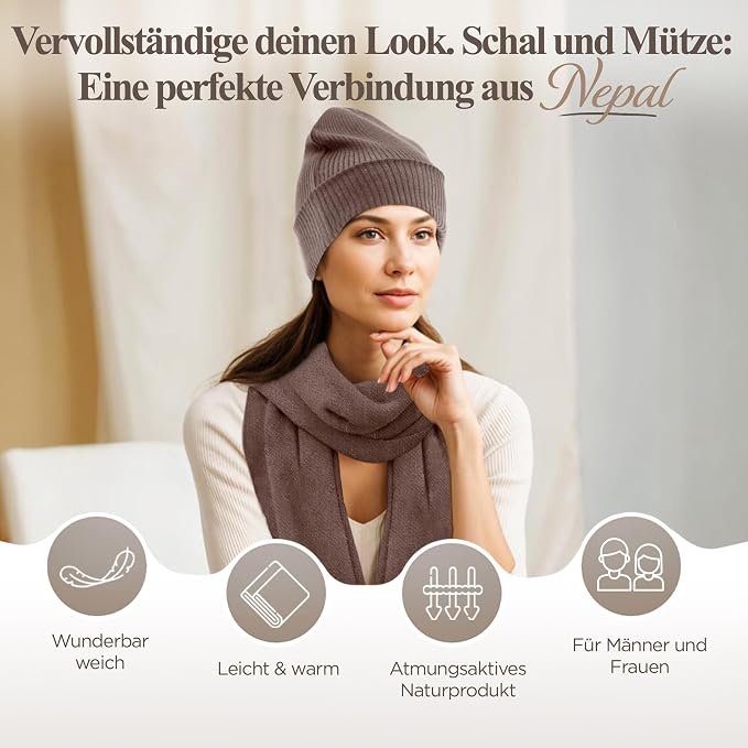 Kaschmirmütze aus 100% Kaschmir – Dunkelbraun, gerippt mit Umschlag