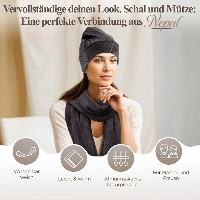 Kaschmirmütze aus 100% Kaschmir – Schwarzgrau/ anthrazit, gerippt mit Umschlag