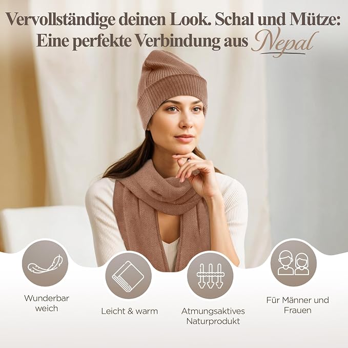 Kaschmirmütze aus 100% Kaschmir – Braun, gerippt mit Umschlag