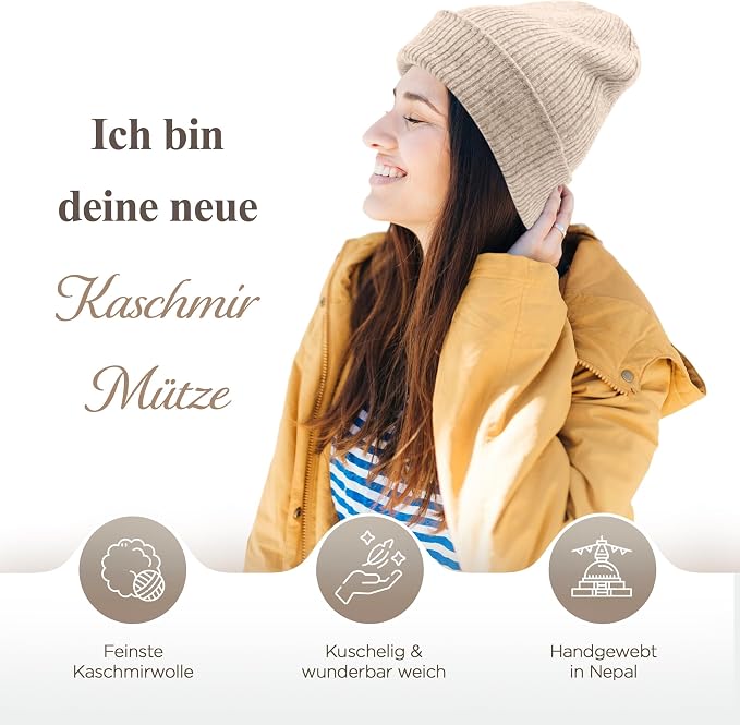 Kaschmirmütze aus 100% Kaschmir – Weissgrau, gerippt mit Umschlag