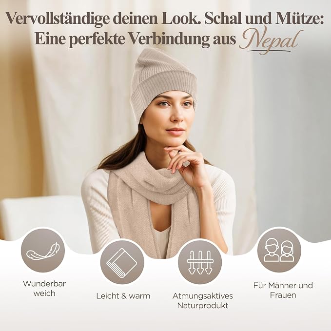 Kaschmirmütze aus 100% Kaschmir – Weissgrau, gerippt mit Umschlag