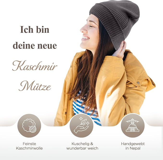 Kaschmirmütze aus 100% Kaschmir – Schwarzgrau/ anthrazit, gerippt mit Umschlag