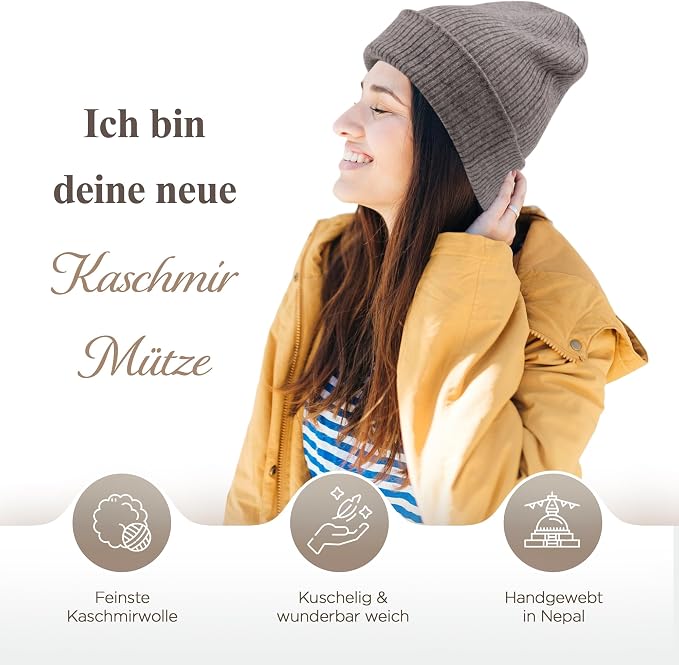 Kaschmirmütze aus 100% Kaschmir – Grau, gerippt mit Umschlag