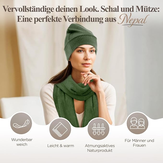 Kaschmirmütze aus 100% Kaschmir – Dunkelgrün, gerippt mit Umschlag