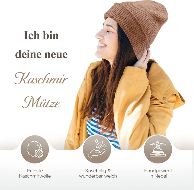 Kaschmirmütze aus 100% Kaschmir – Braun, gerippt mit Umschlag