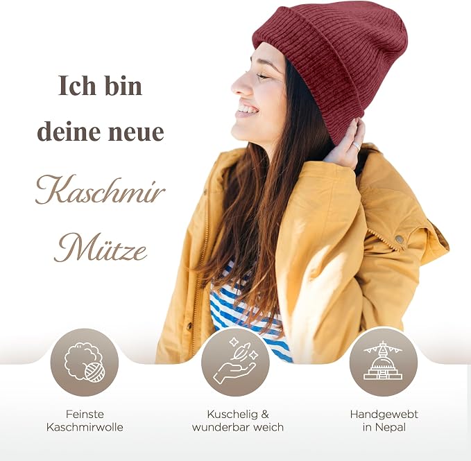 Kaschmirmütze aus 100% Kaschmir – Dunkelrot/ weinrot, gerippt mit Umschlag