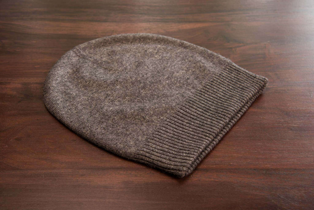 Kaschmirmütze Beanie glatt mit geripptem Umschlag Dunkelgrau