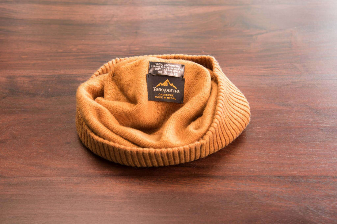Kaschmirmütze Beanie glatt mit geripptem Umschlag Hellbraun