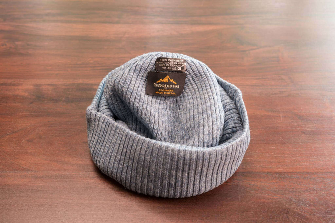Kaschmirmütze Beanie gerippt mit Umschlag Blau