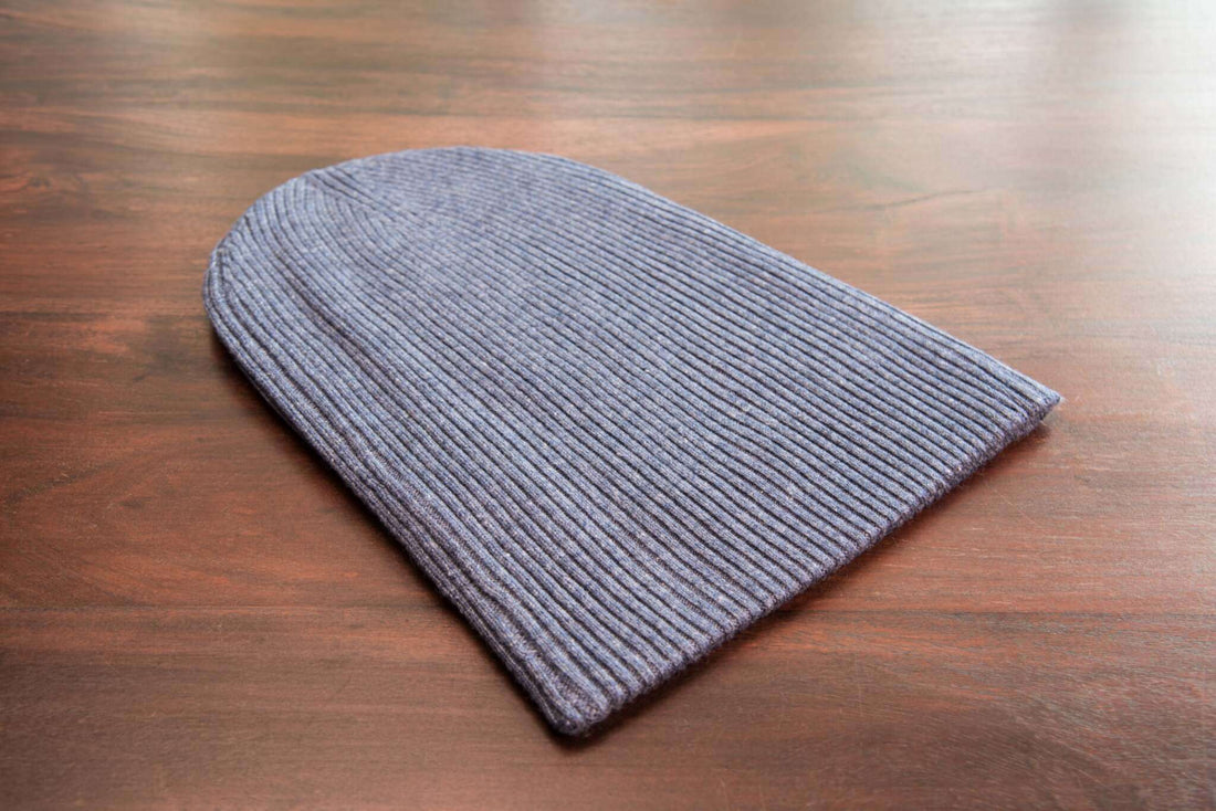Kaschmirmütze Beanie gerippt mit Umschlag Dunkelblau