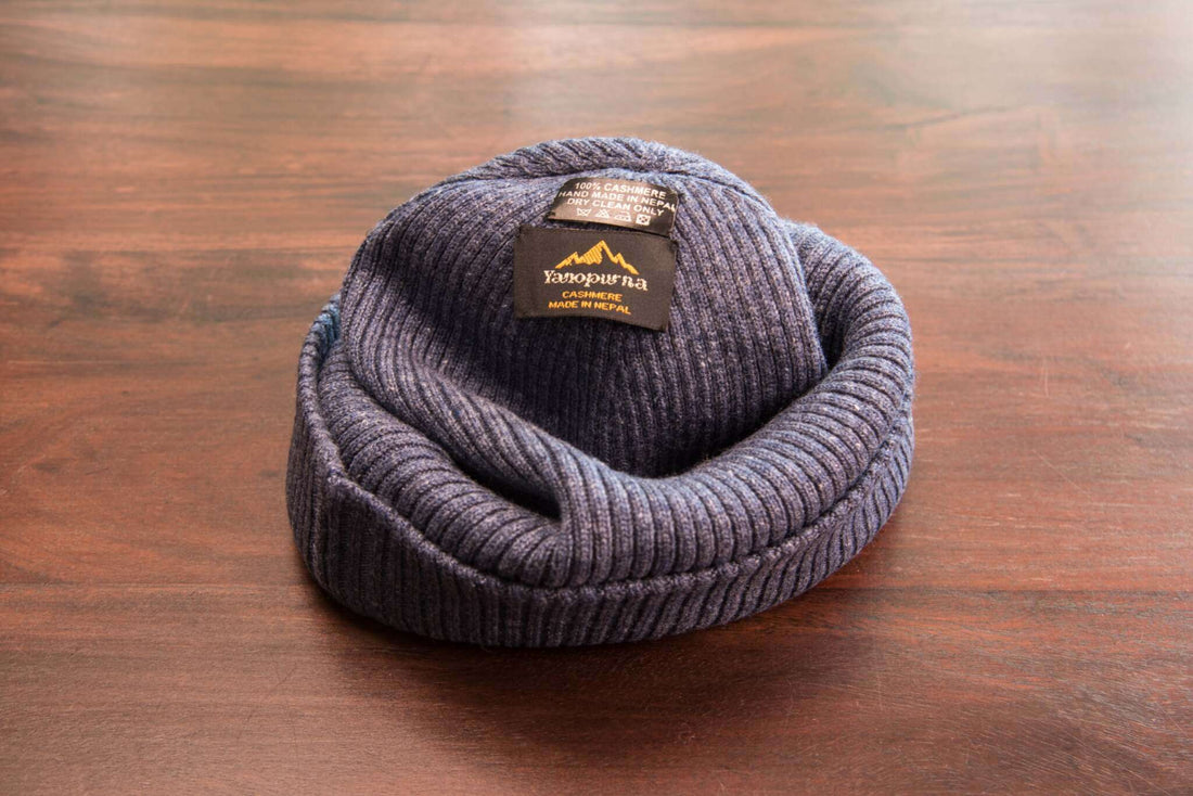 Kaschmirmütze Beanie gerippt mit Umschlag Dunkelblau