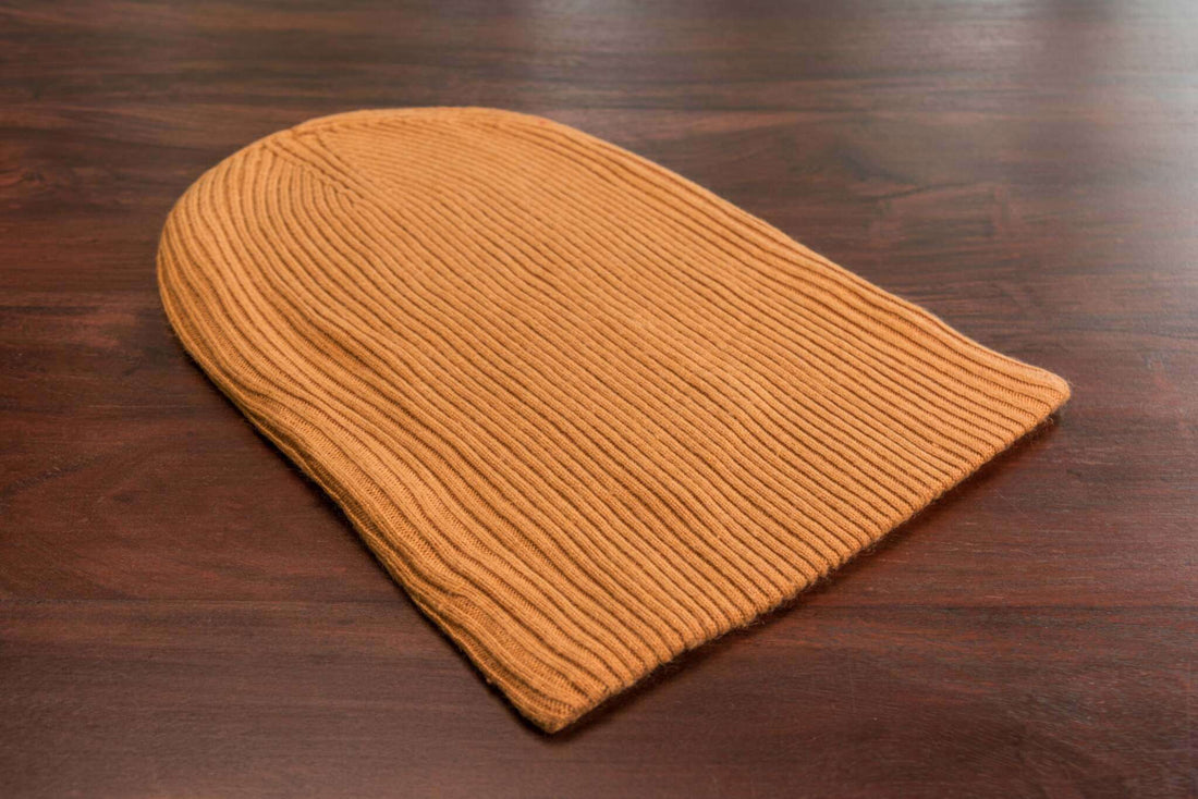 Kaschmirmütze Beanie gerippt mit Umschlag - Hellbraun