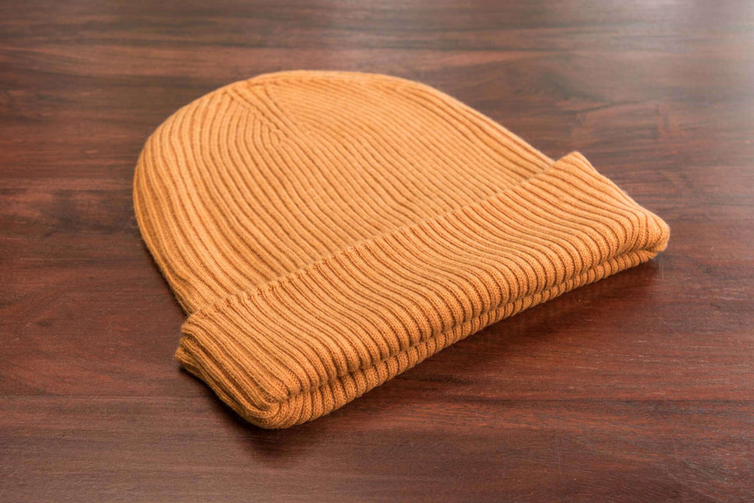 Kaschmirmütze Beanie gerippt mit Umschlag - Hellbraun