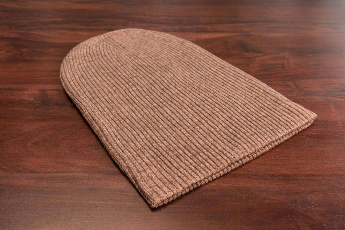 Kaschmirmütze Beanie gerippt mit Umschlag - Dunkelbraun