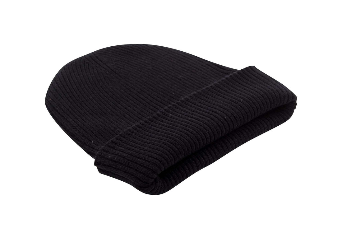 Kaschmirmütze Beanie gerippt mit Umschlag - Schwarz