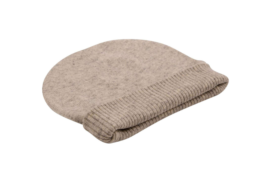 Kaschmirmütze Beanie glatt mit geripptem Umschlag Weissgrau