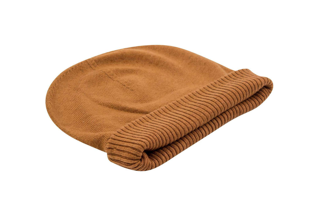 Kaschmirmütze Beanie glatt mit geripptem Umschlag Hellbraun