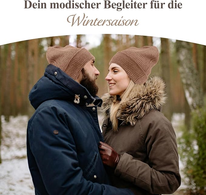 Kaschmirmütze aus 100% Kaschmir – Braun, gerippt mit Umschlag