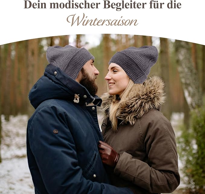 Kaschmirmütze aus 100% Kaschmir – Dunkelgrau, gerippt mit Umschlag