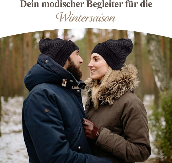 Kaschmirmütze aus 100% Kaschmir – Schwarz, gerippt mit Umschlag