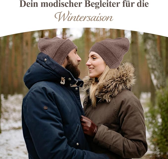 Kaschmirmütze aus 100% Kaschmir – Dunkelbraun, gerippt mit Umschlag