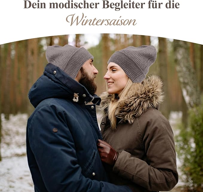 Kaschmirmütze aus 100% Kaschmir – Grau, gerippt mit Umschlag