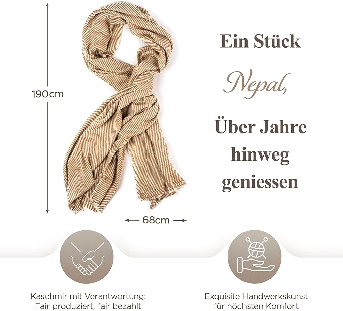 Kaschmirschal aus 100% Kaschmir – Hellbraun, Streifenmuster/ gestreift