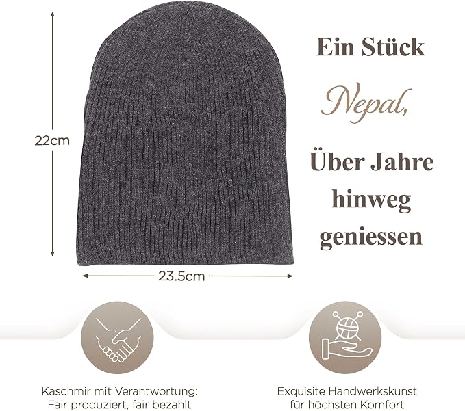 Kaschmirmütze aus 100% Kaschmir – Schwarzgrau/ anthrazit, gerippt mit Umschlag