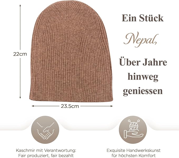 Kaschmirmütze aus 100% Kaschmir – Braun, gerippt mit Umschlag