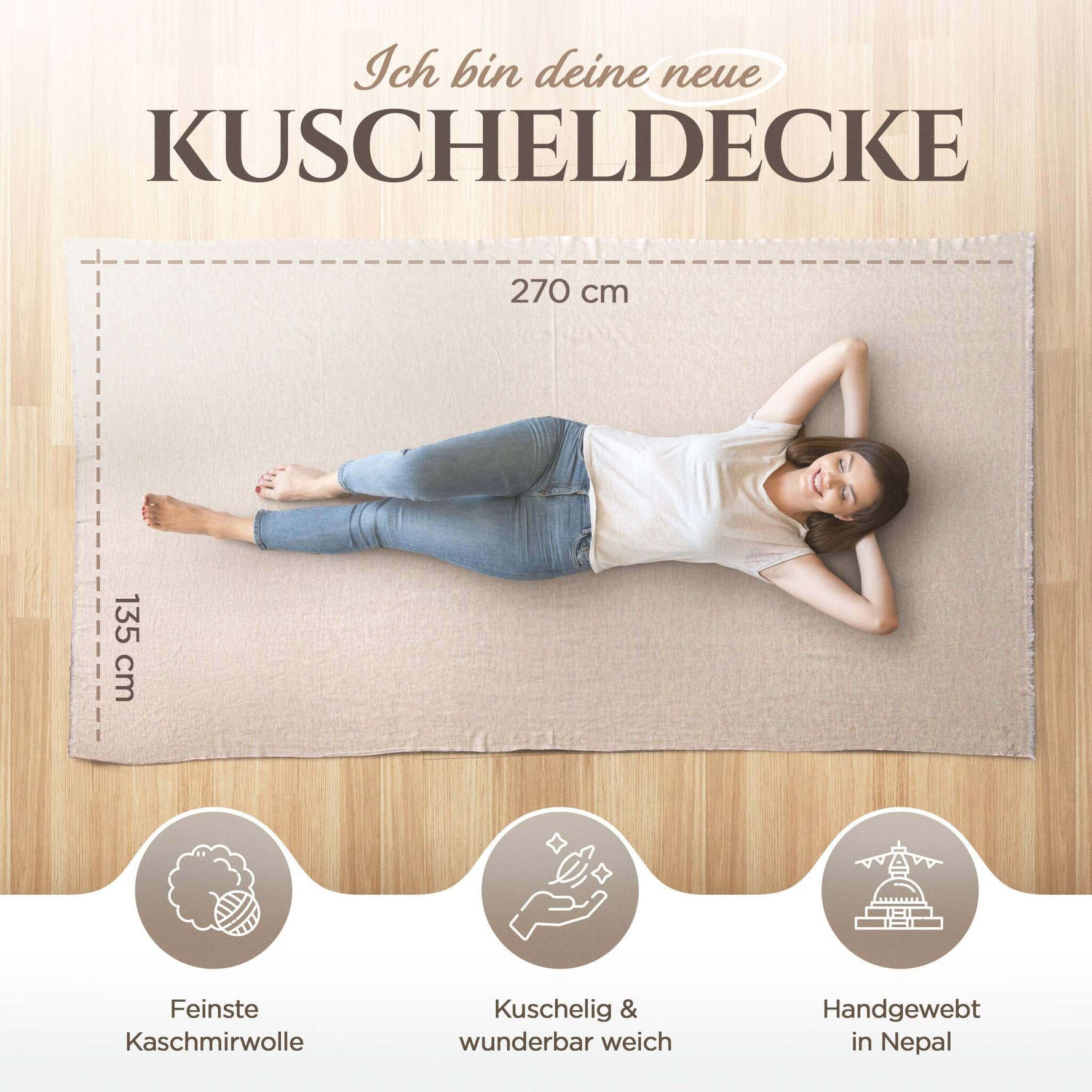 Kaschmirdecke beige mit feinem Fischgrätenmuster